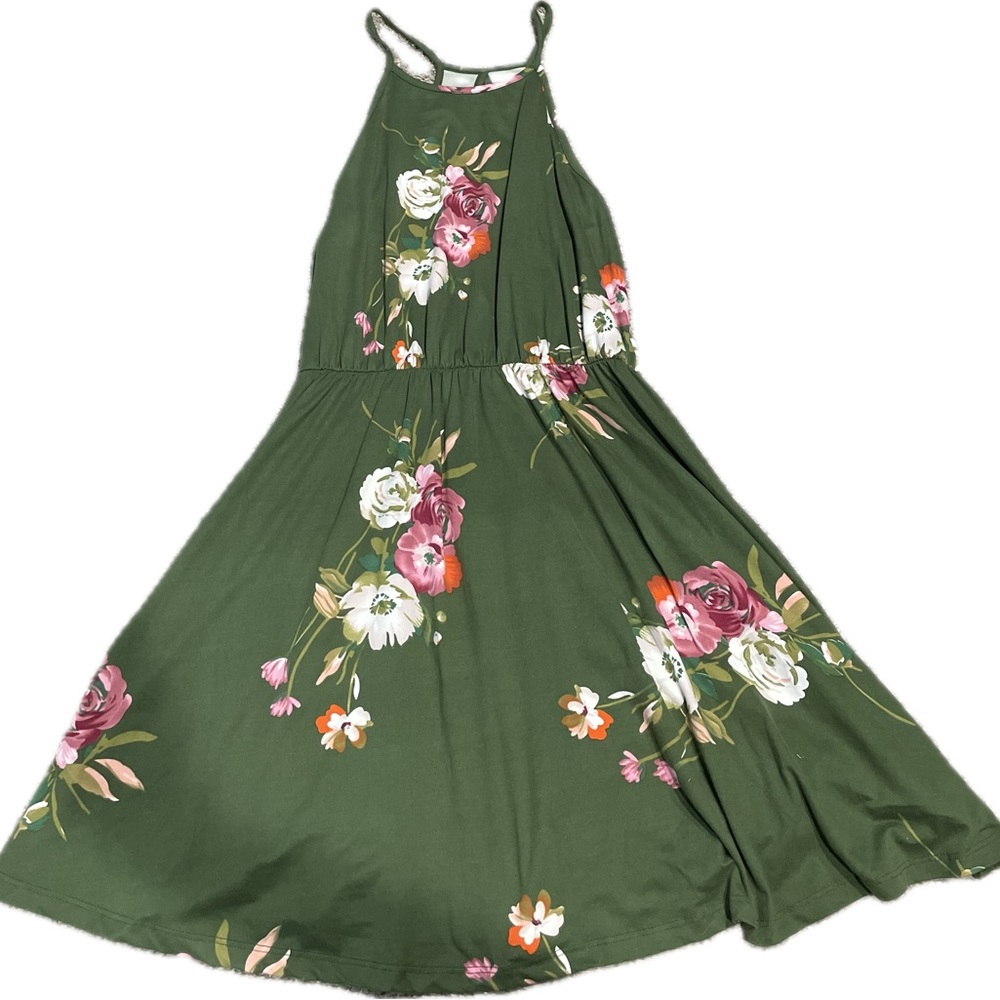 French Grey green halter dress with floral design